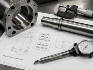 CNC 加工轴和外壳孔,带 H7/p6 压配合标注, 工程制图, 孔径计, 和千分尺用于公差检查审查.