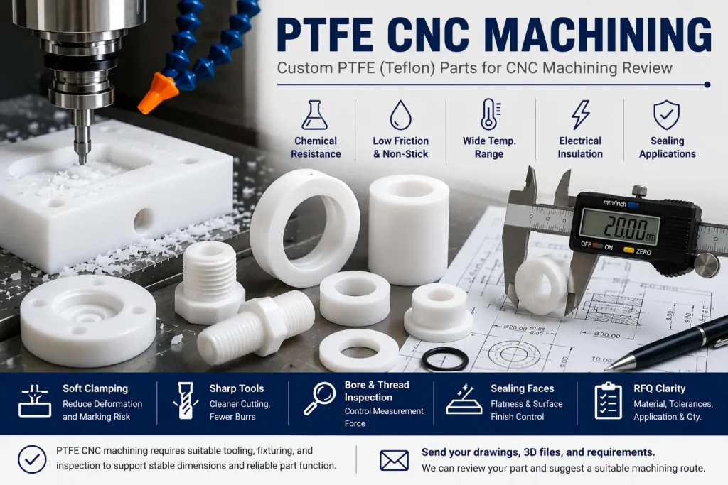 PTFE CNC machining for custom plastic parts showing white PTFE stock, machined bushings, 袖子, 密封, 螺纹零件, soft clamping, 锋利的工具, bore and thread inspection, 密封面, 卡尺测量, 工程制图, 和询价审核说明.