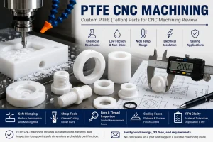 PTFE CNC machining for custom plastic parts showing white PTFE stock, machined bushings, sleeves, seals, threaded parts, soft clamping, sharp tooling, bore and thread inspection, sealing faces, caliper measurement, engineering drawing, and RFQ review notes.