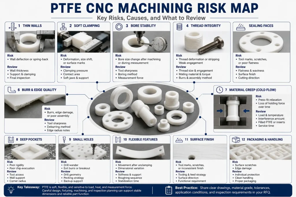 PTFE CNC machining risk map showing thin walls, soft clamping, bore stability, thread deformation, 密封面, burr and edge quality, material creep, cold flow, 财力雄厚, 小孔, flexible features, 表面饰面, inspection pressure, and packaging protection.
