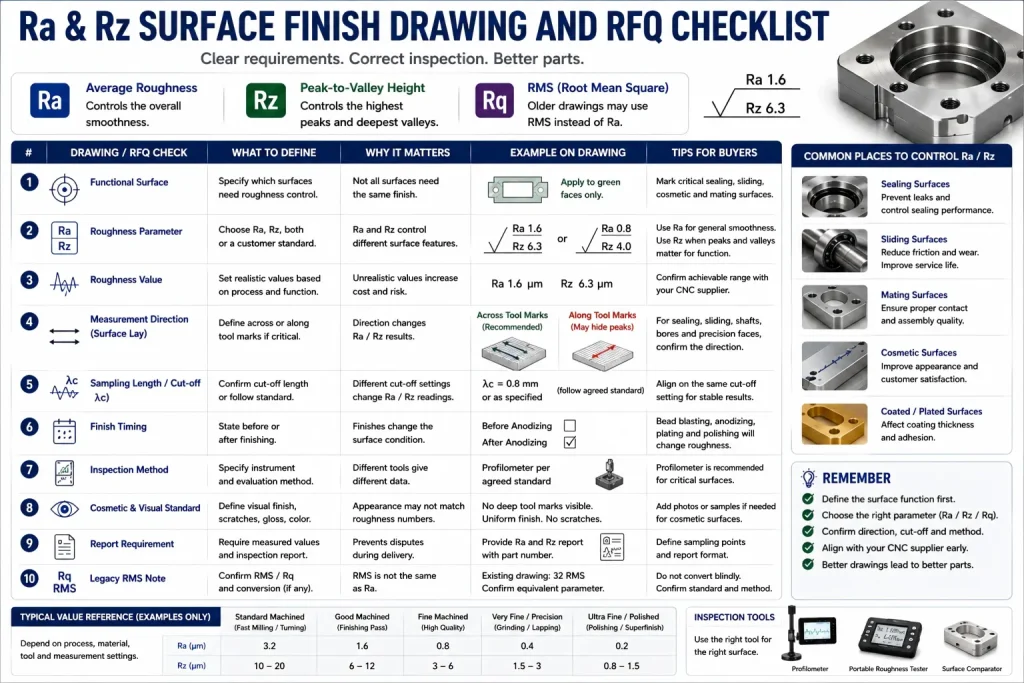 Drawing and RFQ checklist for Ra, Rz, and RMS surface finish on CNC machined parts showing functional surfaces, roughness parameters, measurement direction, sampling length, cut-off setting, finish timing, inspection method, cosmetic standards, report requirements, and common Ra/Rz control areas.