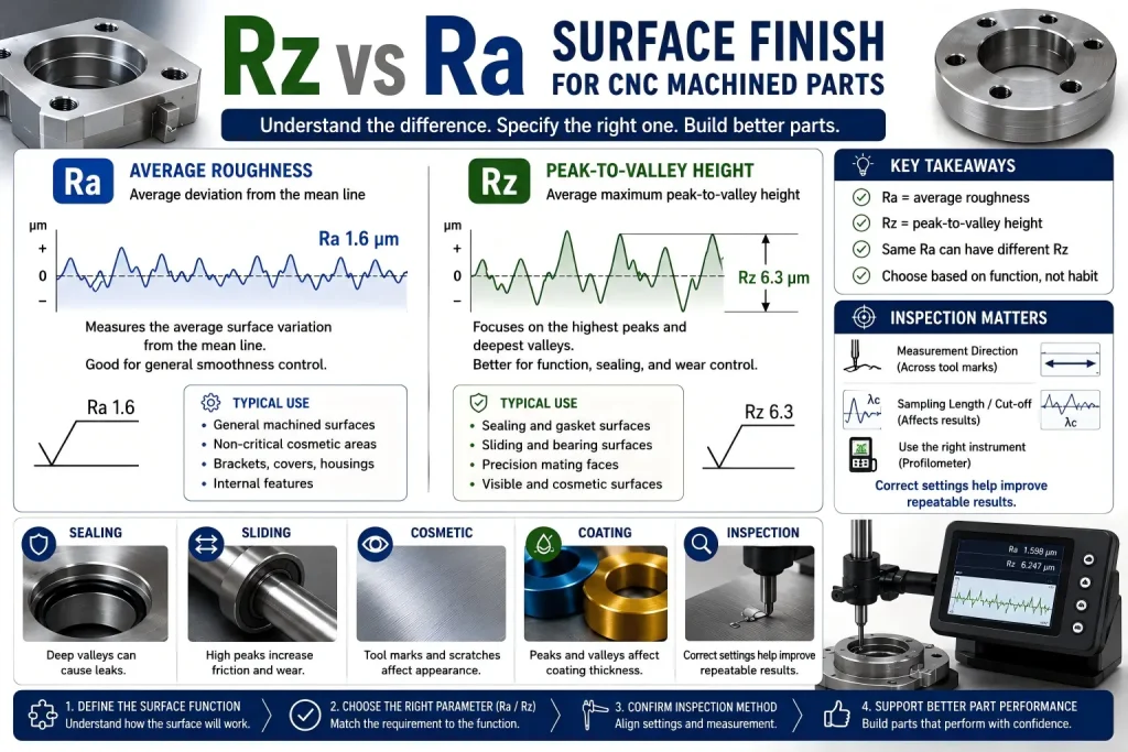 Rz vs Ra surface finish comparison for CNC machined parts showing average roughness, peak-to-valley height, roughness profiles, sealing risk, sliding wear, cosmetic tool marks, coating thickness, inspection direction, cut-off length, and profilometer measurement.