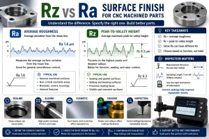 Rz vs Ra surface finish comparison for CNC machined parts showing average roughness, peak-to-valley height, roughness profiles, sealing risk, sliding wear, cosmetic tool marks, coating thickness, inspection direction, cut-off length, and profilometer measurement.