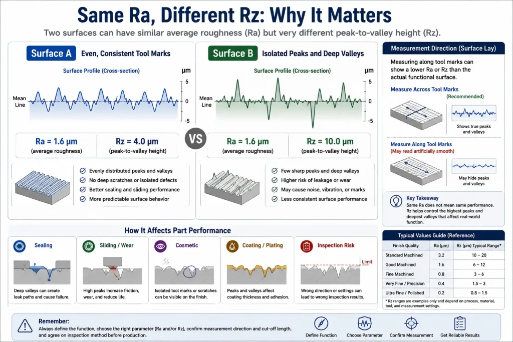 Surface roughness profile chart showing two CNC machined surfaces with the same Ra value but different Rz peak-to-valley height, including sealing risk, sliding wear, cosmetic tool marks, coating effects, measurement direction, cut-off length, and inspection notes.