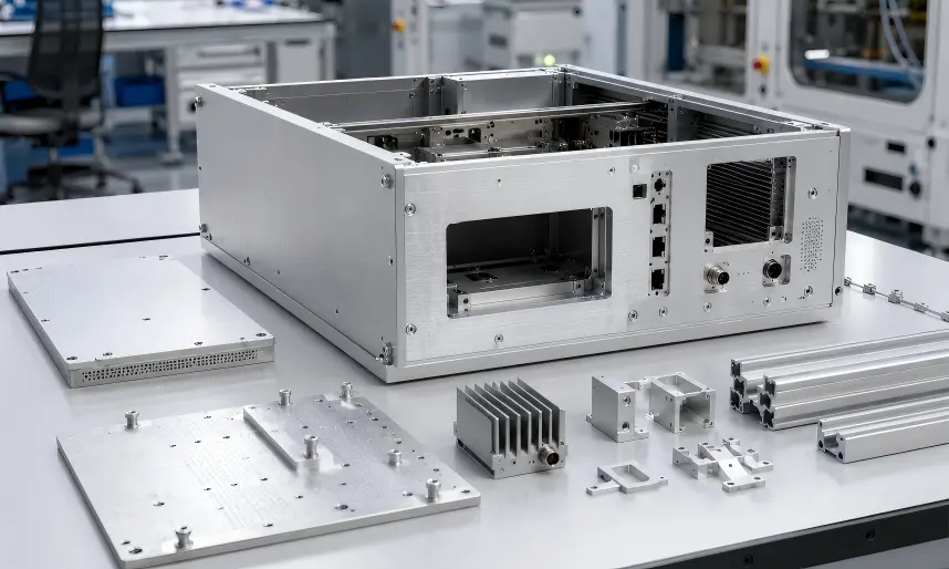 Semiconductor equipment housings and structural parts including aluminum enclosures, front panels, mounting plates, structural brackets, equipment frames, protective covers, heat sinks, sensor housings, and custom structural components.