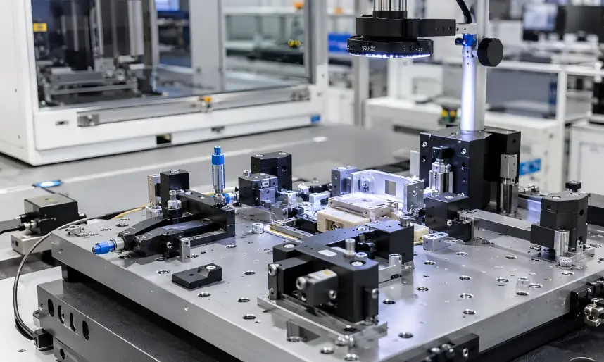 Semiconductor precision fixtures and tooling components including fixture plates, inspection fixtures, base plates, adapter plates, locating blocks, mounting components, brackets, pins, stops, and custom-machined parts.