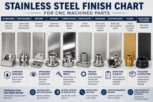 Stainless steel finish chart for CNC machined parts showing as-machined, fine machined, 拉丝的, 抛光的, mirror polished, 喷珠, 钝化的, electropolished, 镀, and blackened finish options with corrosion resistance, dimensional impact, 检查, and packaging notes.