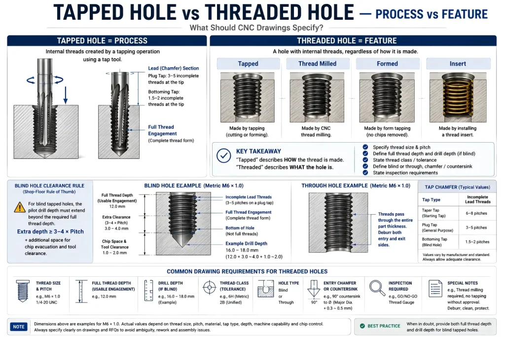 Comparison of tapped holes and threaded holes showing tapping process, internal thread features, blind hole clearance, thread depth, drill depth, tap chamfer, and CNC drawing requirements.