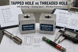 Tapped hole vs threaded hole comparison for CNC machined parts with engineering drawing, tap tool, thread gauge, and thread requirement checklist.