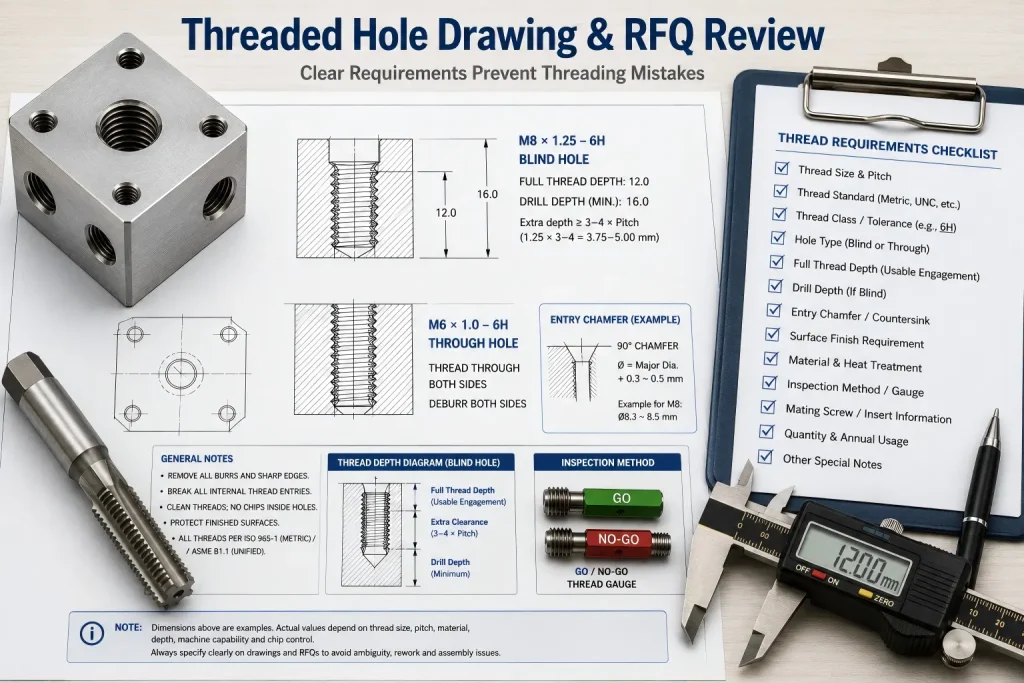 Threaded hole drawing and RFQ review for CNC machined parts with thread size, depth, drill depth, chamfer, tolerance class, and GO NO-GO inspection requirements.