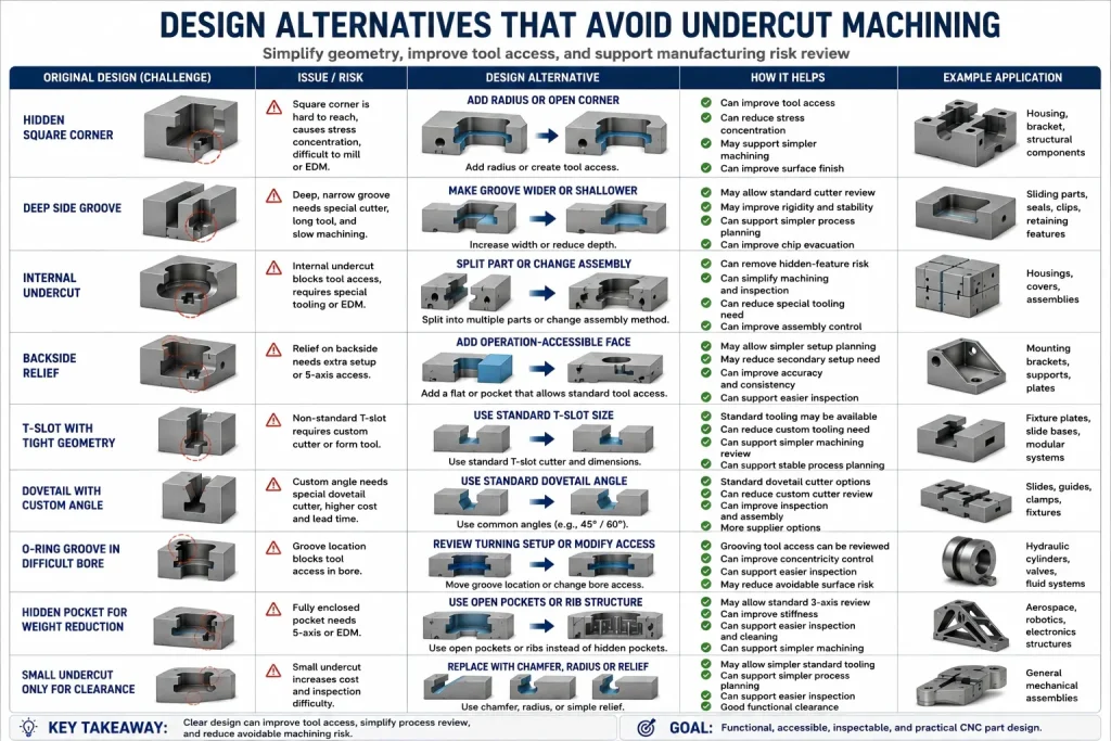 Undercut machining design alternatives showing hidden square corners, deep side grooves, internal undercuts, backside reliefs, tight T-slots, custom dovetail angles, difficult O-ring grooves, hidden pockets, clearance reliefs, and simplified CNC design options for better tool access and DFM review.