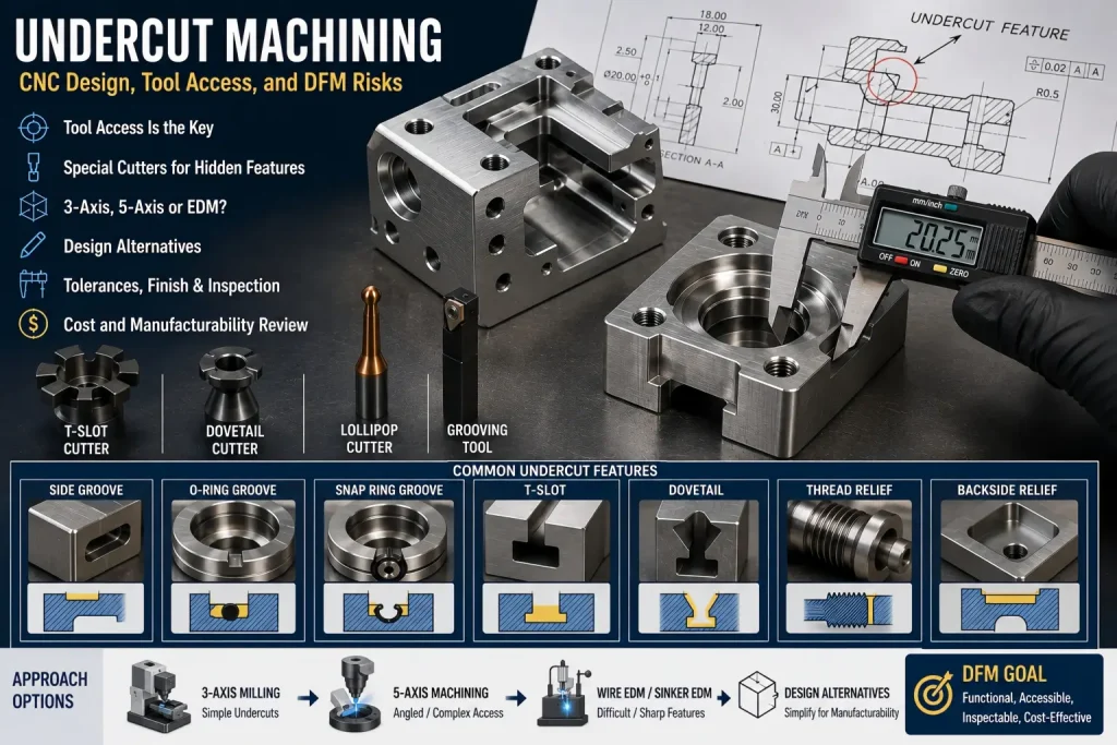 Undercut machining for CNC parts showing side grooves, O-ring grooves, snap-ring grooves, T-slots, dovetail features, thread reliefs, backside reliefs, special cutters, tool access review, 3-axis milling, 5-axis machining, wire EDM, sinker EDM, DFM alternatives, engineering drawing, and caliper inspection.
