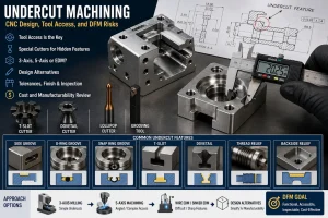 Undercut machining for CNC parts showing side grooves, O 形圈凹槽, snap-ring grooves, T-slots, dovetail features, thread reliefs, backside reliefs, special cutters, tool access review, 3-axis milling, 5-轴加工, wire EDM, sinker EDM, DFM alternatives, 工程制图, 和卡尺检查.