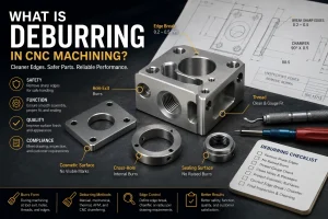 Deburring review for CNC machined parts with sharp edges, burr removal tools, hole exit burrs, thread inspection, sealing surfaces, cross-hole burr risks, and engineering drawing requirements.