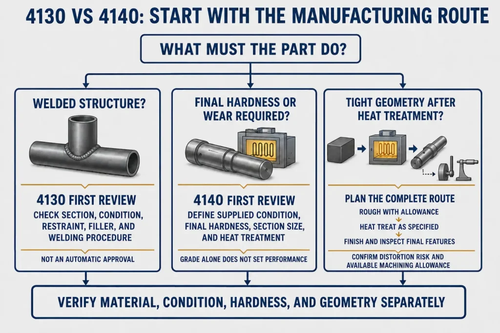 Manufacturing route decision map for reviewing 4130 and 4140 steel by welding, final hardness, heat treatment, machining allowance, and inspection
