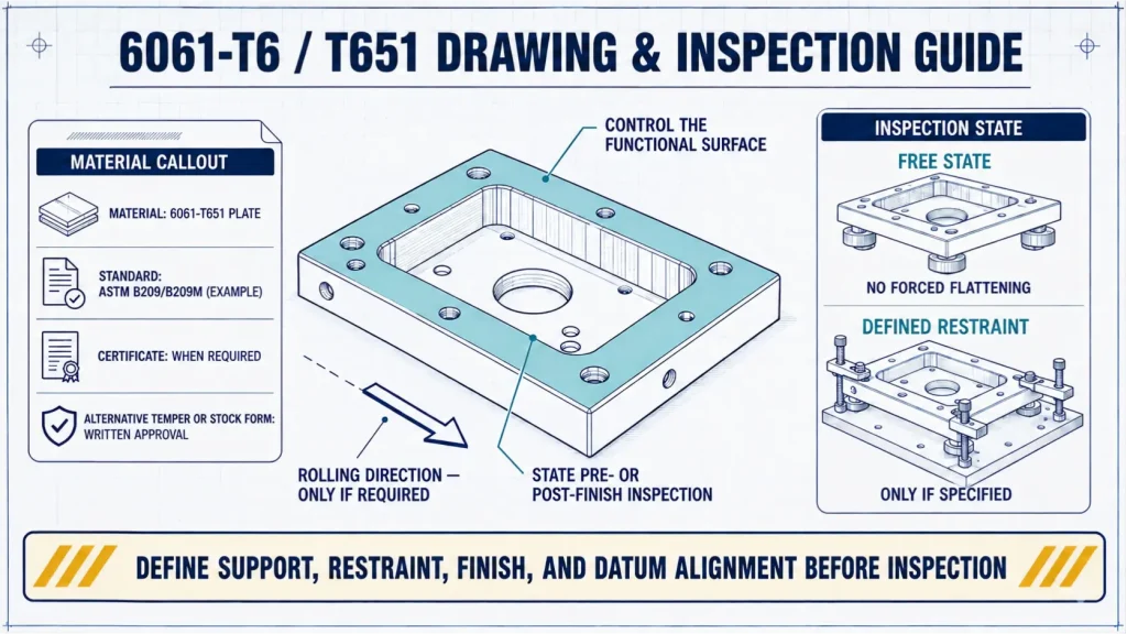 6061-T6 and 6061-T651 drawing and inspection guide showing material callout, functional surface, rolling direction, free-state support, and defined restraint
