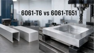 Representative 6061-T6 extrusion and bar beside a pocket-machined 6061-T651 plate on a CNC milling fixture