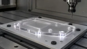Clear acrylic CNC machined component with a milled pocket and holes on a metal fixture beneath a retracted spindle
