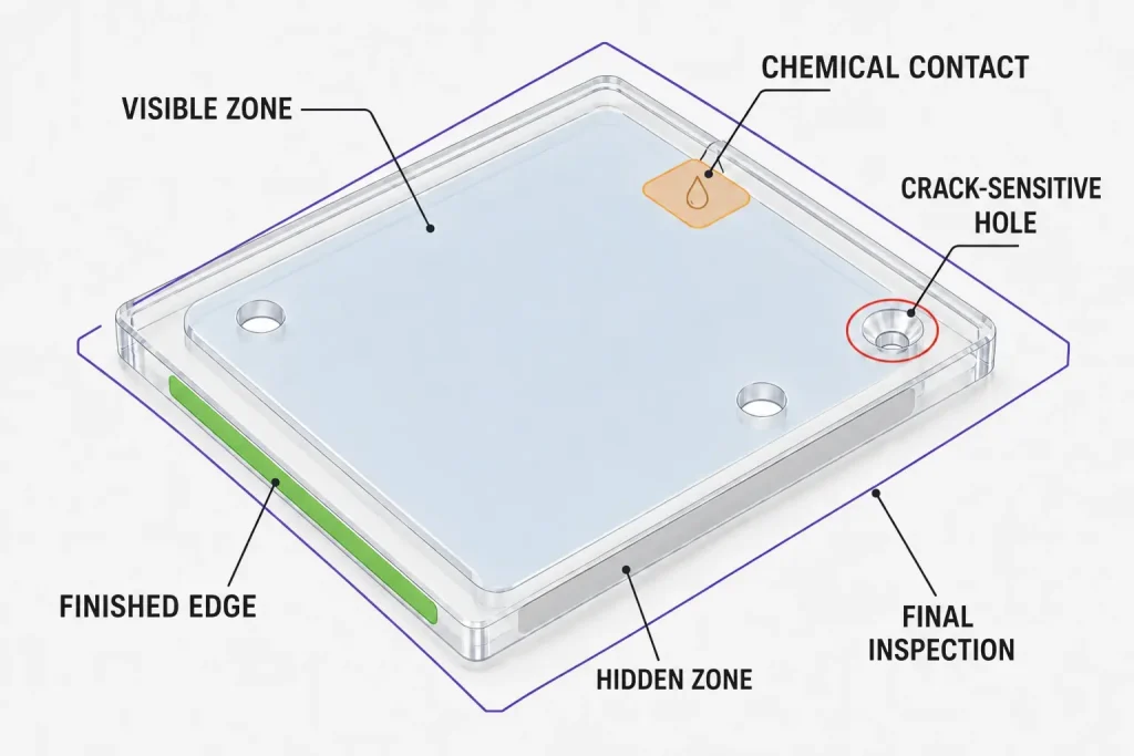 Annotated PMMA part drawing showing visible and hidden zones, a finished edge, a crack-sensitive countersunk hole, a chemical-contact area, and final inspection coverage.