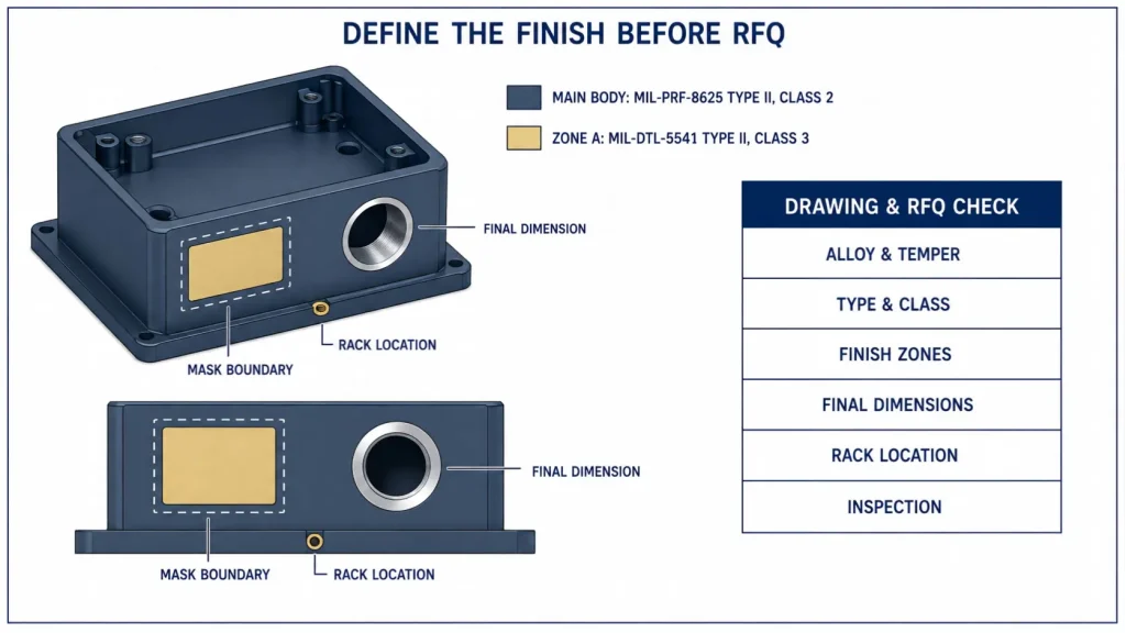 Aluminum finish drawing and RFQ guide showing coating specifications, masking boundaries, contact areas, final dimensions, and inspection requirements