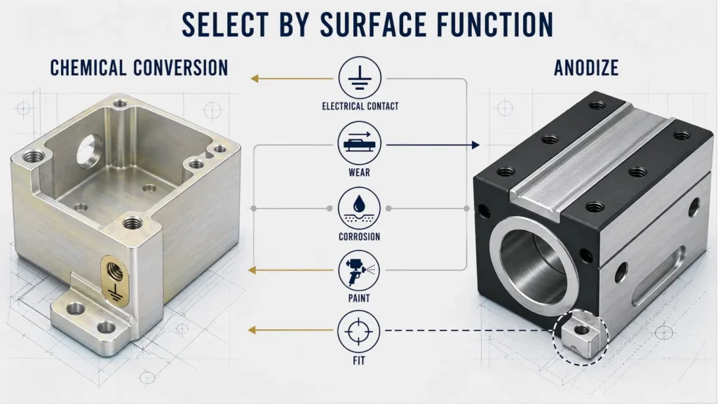 Alodine versus anodize selection guide for electrical contact, wear, corrosion, paint, and fit requirements