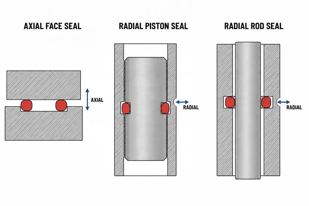 Cross-section comparison of axial face, radial piston, and radial rod O-ring grooves with compression directions
