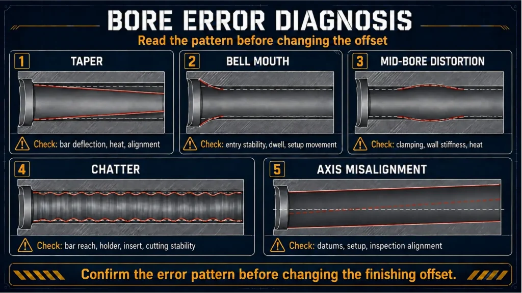 Bore error diagnosis map comparing taper, bell mouth, mid-bore distortion, chatter, and bore-axis misalignment.