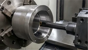 CNC lathe boring bar machining the internal diameter of a large metal workpiece held in a chuck.