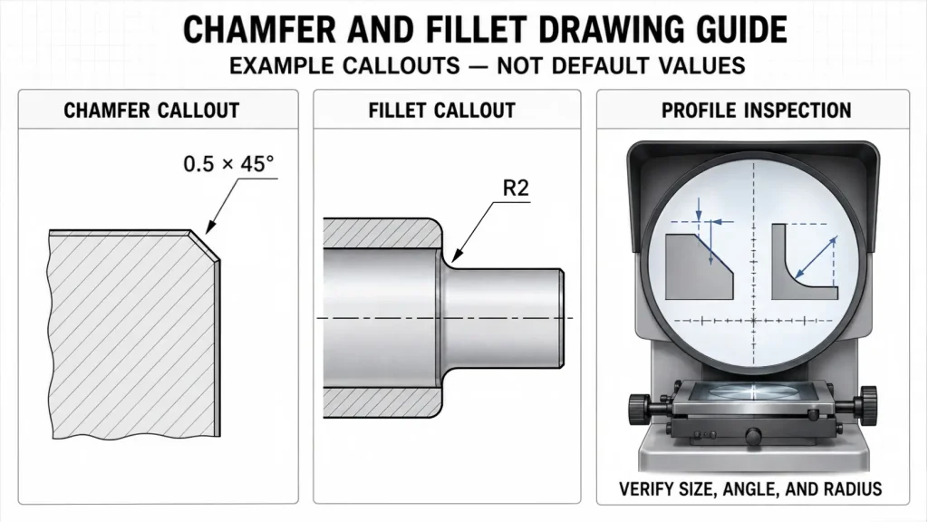Engineering drawing guide showing a 0.5 by 45-degree chamfer callout, an R2 shoulder fillet, and optical profile inspection.