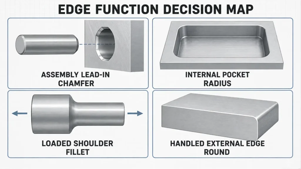CNC edge function decision map showing an assembly lead-in chamfer, internal pocket radius, loaded shoulder fillet, and rounded external edge.