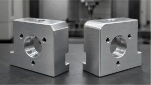 Chamfer vs fillet comparison on CNC machined aluminum blocks showing a flat angled edge and a smooth external radius.