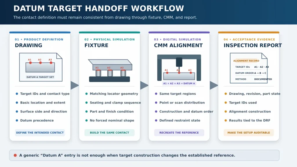 Datum target workflow connecting A1, A2, and A3 drawing callouts to fixture locators, CMM alignment, and inspection reporting