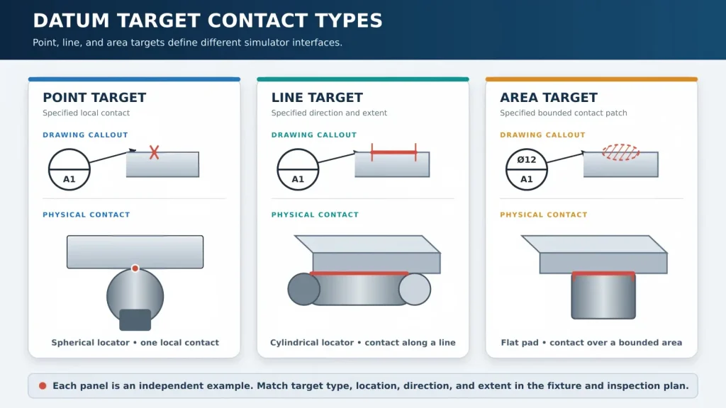 Datum target point, line, and area comparison showing specified contact regions and corresponding simulator interfaces