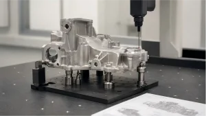 Cast and machined aluminum component supported by discrete datum target locators beneath a CMM probe