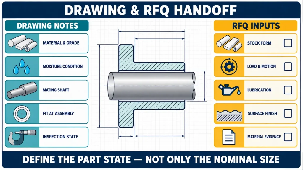 Drawing and RFQ guide for Delrin and nylon parts showing material grade, 水分状况, mating shaft, 合身, 加载, 及检验状态