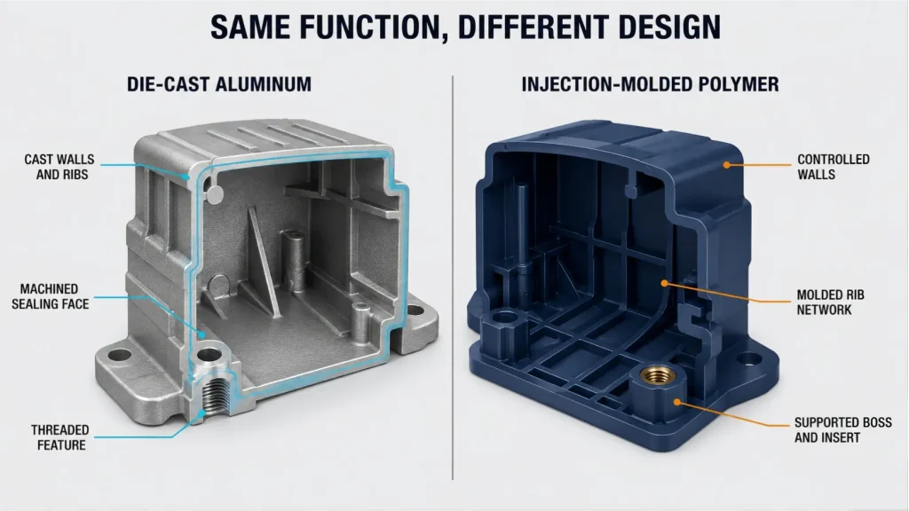 Cutaway comparison of die-cast aluminum and injection-molded polymer housings showing walls, ribs, a machined sealing face, threads, and an insert boss