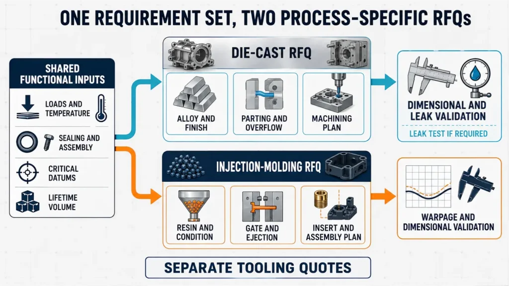 Die casting and injection molding RFQ workflow showing shared inputs, process-specific tooling decisions, machining, inserts, and validation