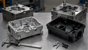 Die-cast aluminum housing and black injection-molded plastic housing beside metal tooling and a digital caliper
