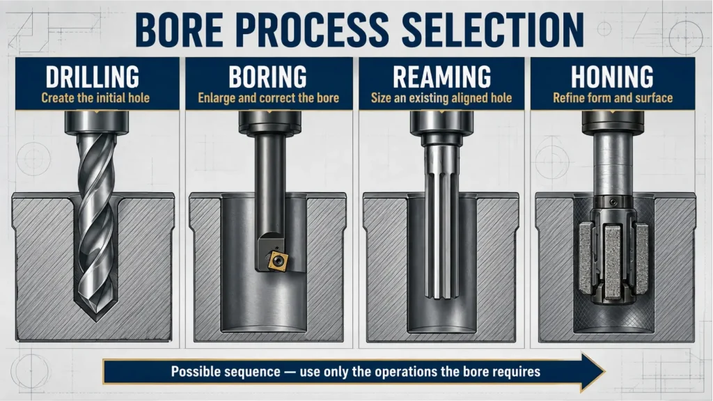 Bore process selection diagram comparing drilling, boring, reaming, and honing by their primary machining purpose.
