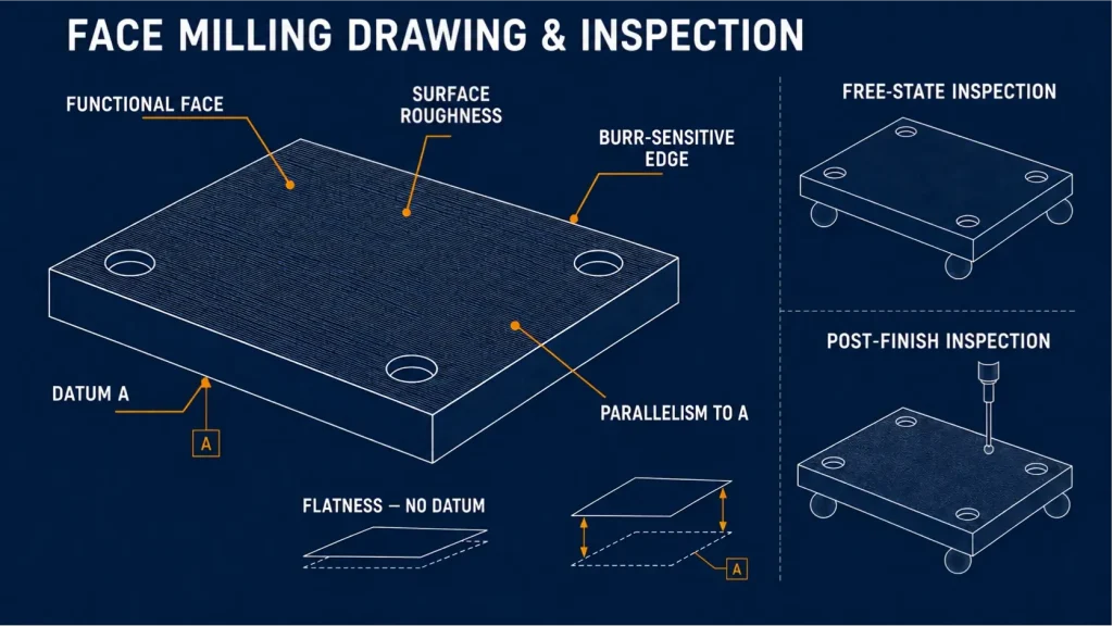 Face milling drawing and inspection guide showing a functional top face, 表面粗糙度, burr-sensitive edge, bottom Datum A, flatness without a datum, parallelism to Datum A, and free-state and post-finish inspection