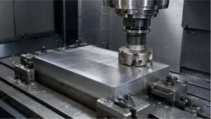 Indexable face mill machining a clamped metal plate with overlapping circular tool marks inside a CNC machining center