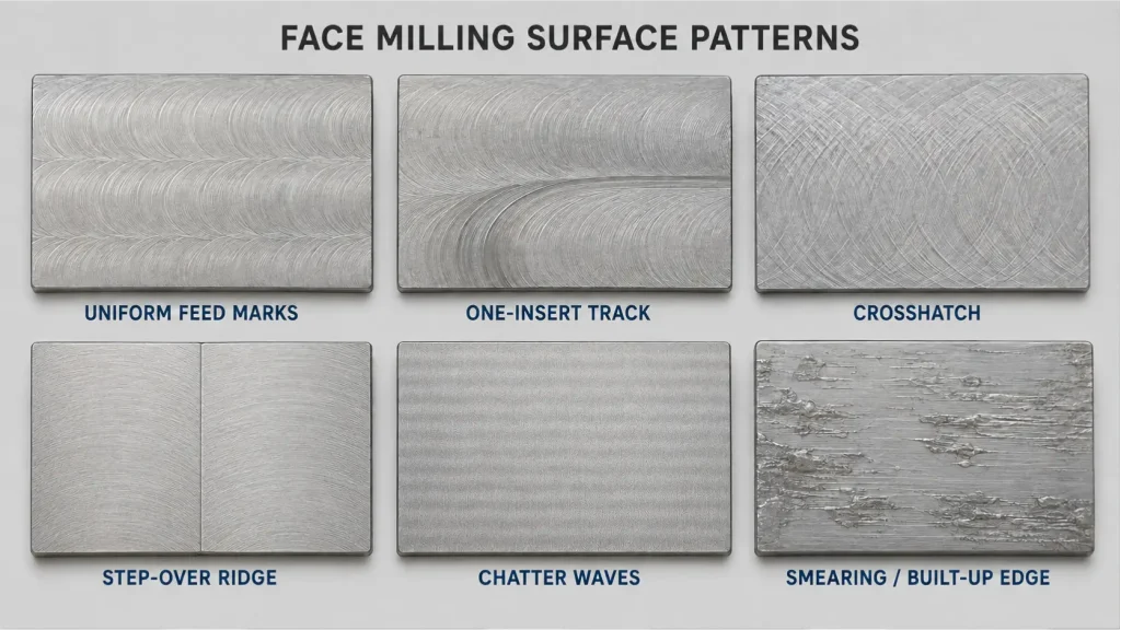 Diagnostic comparison of six face milling surface patterns: uniform feed marks, one-insert track, crosshatch, step-over ridge, chatter waves, and smearing or built-up edge