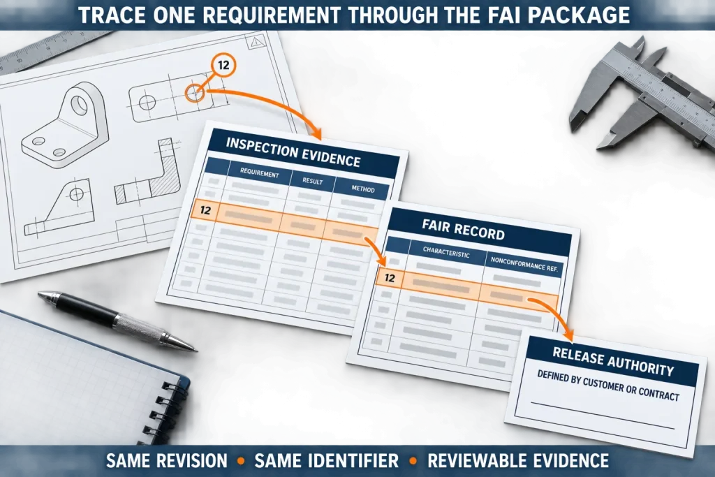 FAI traceability map linking characteristic 12 on an engineering drawing to inspection evidence, a FAIR record, and contract-defined release authority.