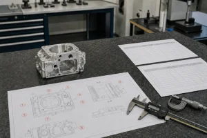 Machined aluminum component beside an engineering drawing, inspection record sheets, a digital caliper, and a micrometer on an inspection table.