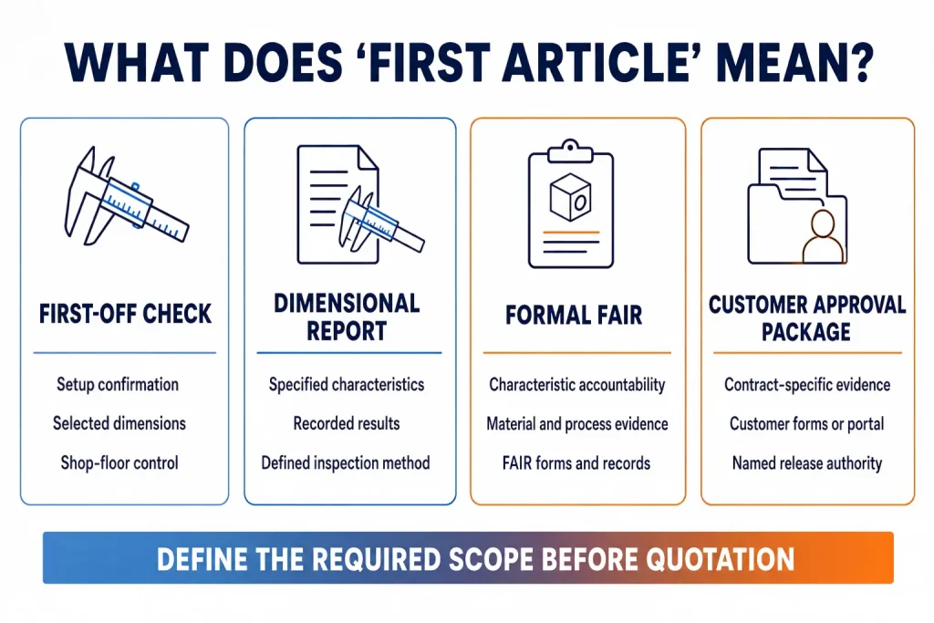 Comparison of a first-off check, dimensional report, formal FAIR, and customer-specific approval package.