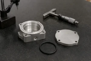 CNC machined aluminum housing with an empty O-ring groove, loose seal, mating cover, and inspection tools