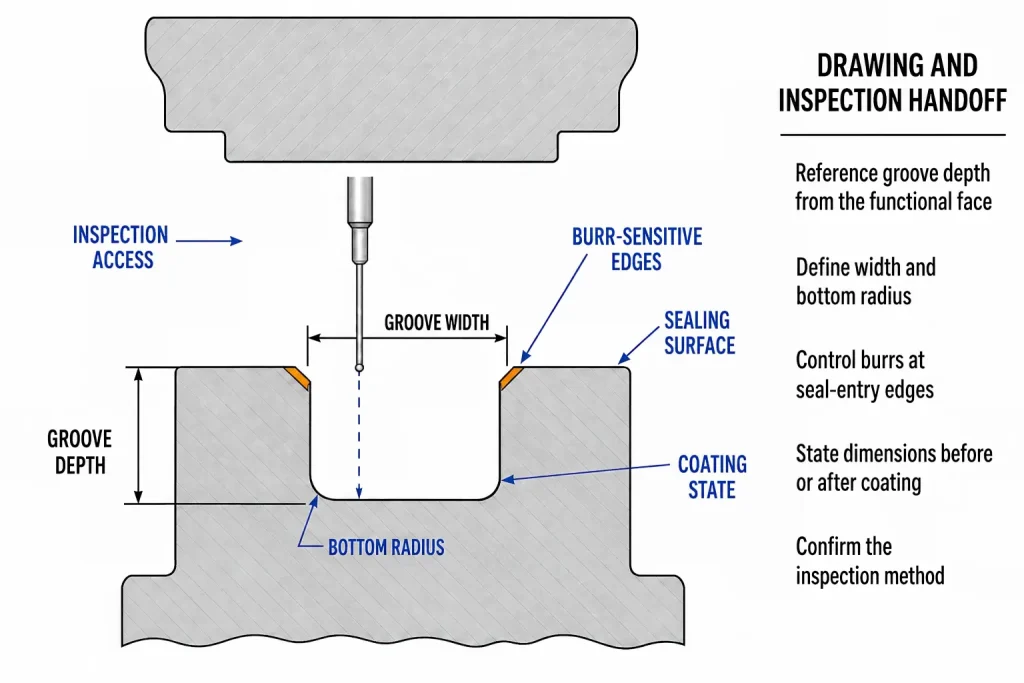 Annotated axial O-ring groove showing width, 深度, bottom radius, 毛刺敏感边缘, sealing surface, coating state, 和检查访问
