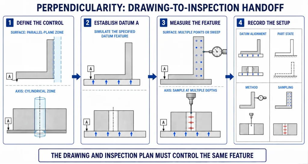 Perpendicularity drawing-to-inspection workflow showing datum A setup, surface measurement, bore-axis sampling, and inspection reporting