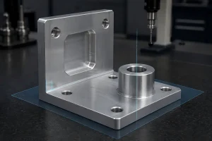 CNC-machined aluminum bracket illustrating wall and bore-axis perpendicularity relative to a horizontal datum plane