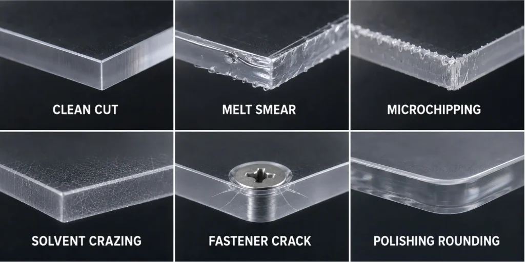 Six-panel PMMA machining defect map comparing a clean cut with melt smear, microchipping, solvent crazing, fastener cracks, and polishing rounding.